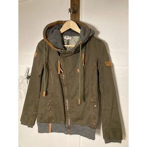 You You Tu Women’s Jacket Sz M Army Green With Hood, Zippers, Leather Accents